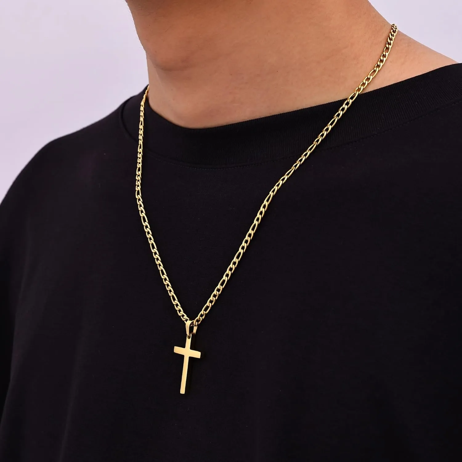 Fiusem Gold Plated Cross Necklace for Men, Stainless Steel Mens Cross Necklaces with 3.5mm Figaro Chain, Pendant Chain 16-24 Inches, Jewelry Gift