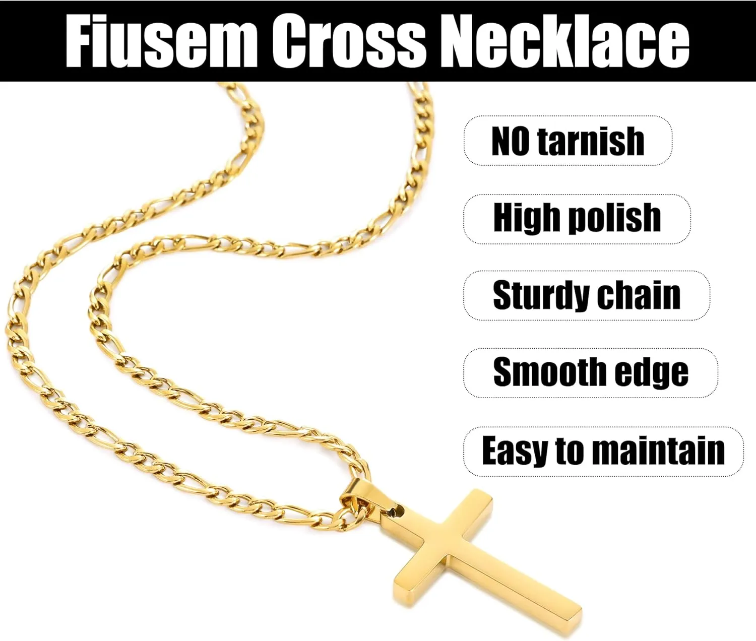 Fiusem Gold Plated Cross Necklace for Men, Stainless Steel Mens Cross Necklaces with 3.5mm Figaro Chain, Pendant Chain 16-24 Inches, Jewelry Gift