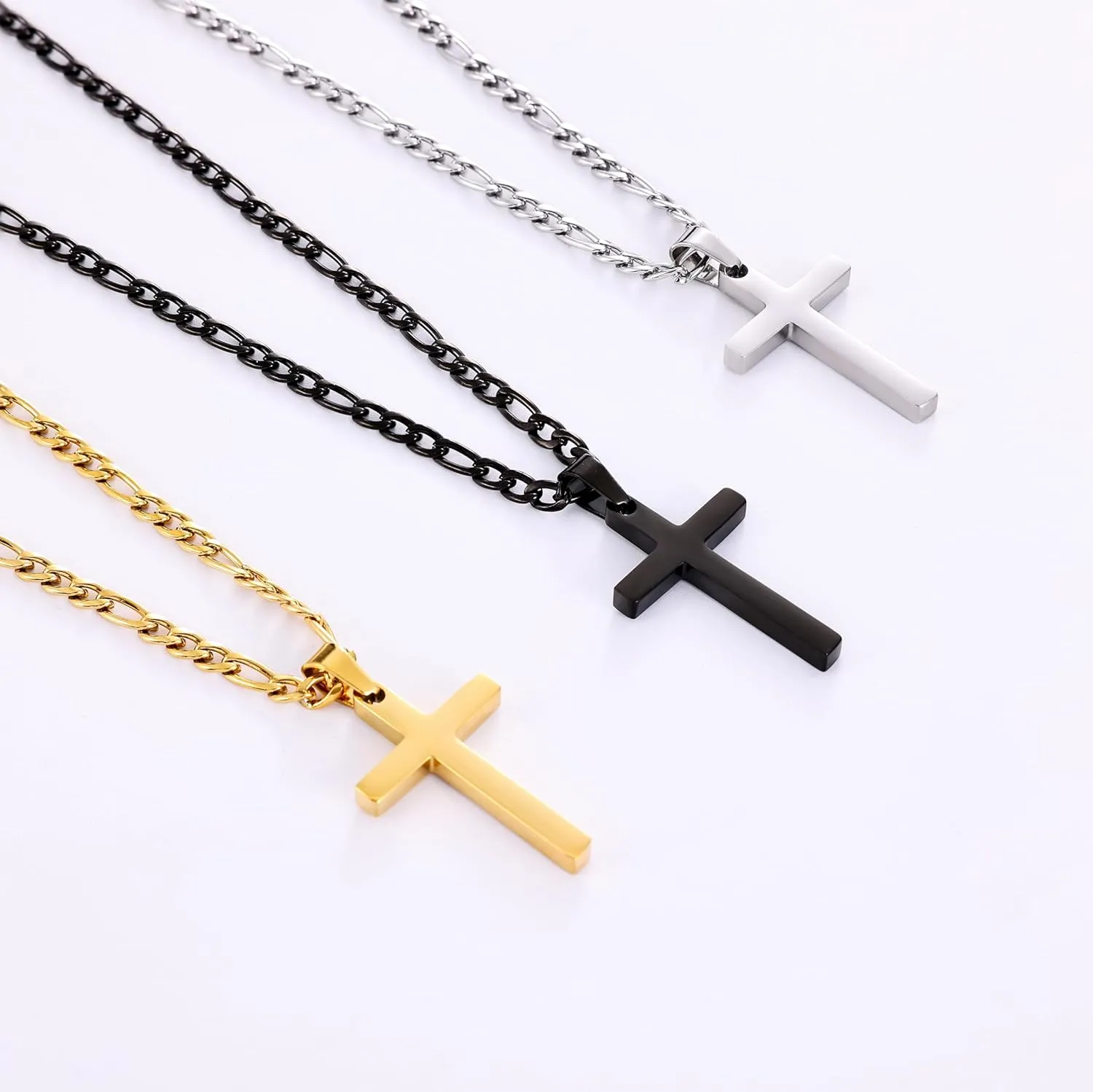 Fiusem Gold Plated Cross Necklace for Men, Stainless Steel Mens Cross Necklaces with 3.5mm Figaro Chain, Pendant Chain 16-24 Inches, Jewelry Gift