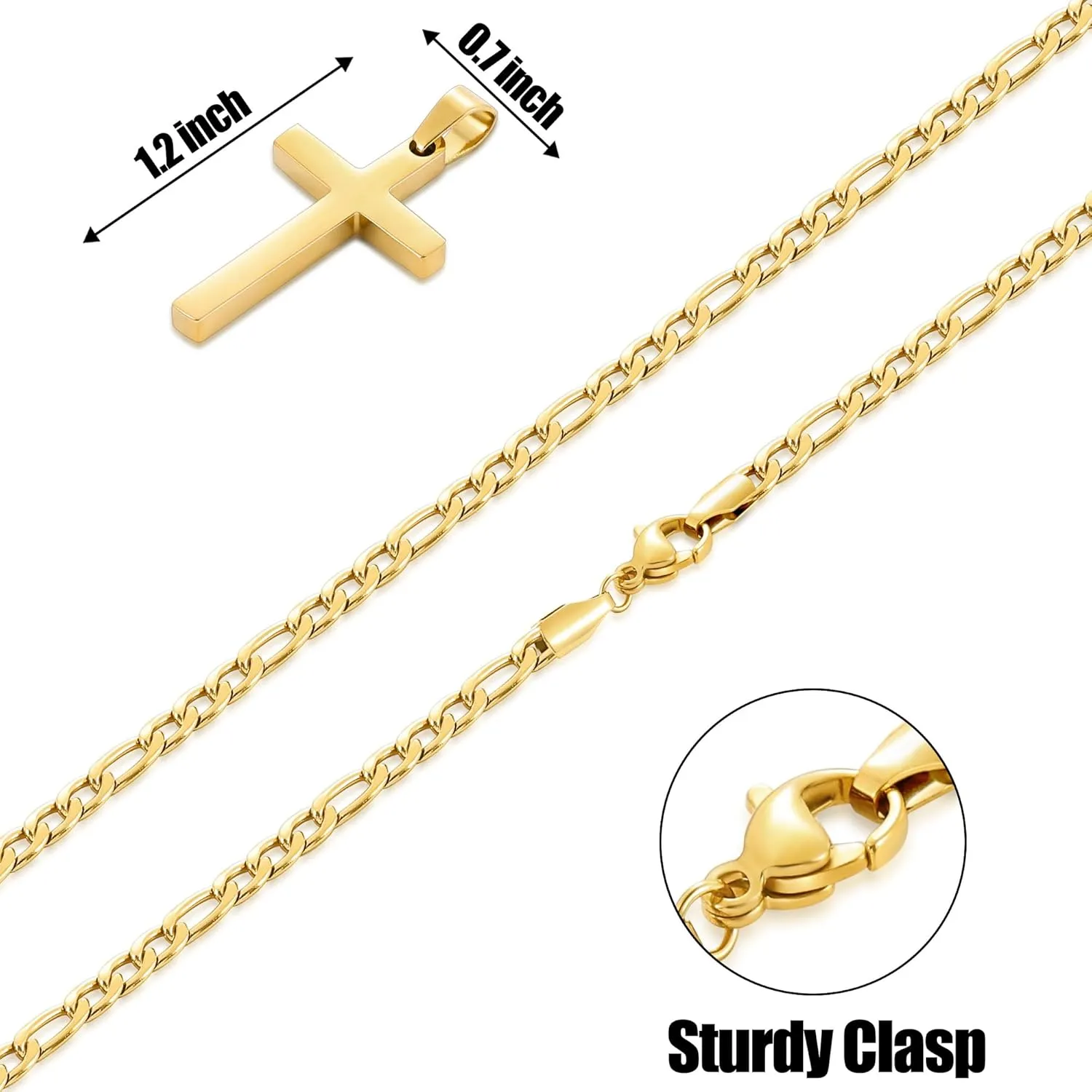 Fiusem Gold Plated Cross Necklace for Men, Stainless Steel Mens Cross Necklaces with 3.5mm Figaro Chain, Pendant Chain 16-24 Inches, Jewelry Gift