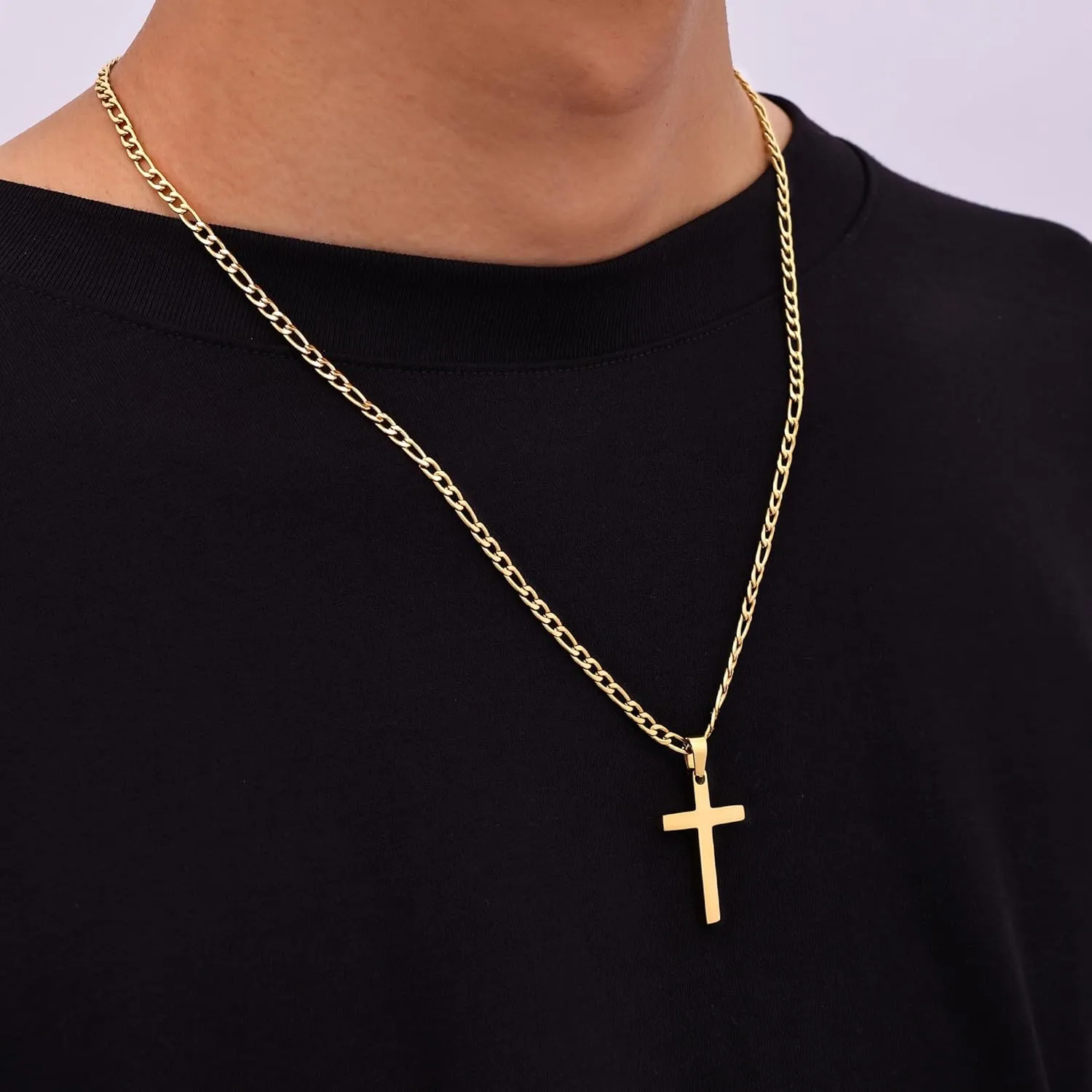 Fiusem Gold Plated Cross Necklace for Men, Stainless Steel Mens Cross Necklaces with 3.5mm Figaro Chain, Pendant Chain 16-24 Inches, Jewelry Gift