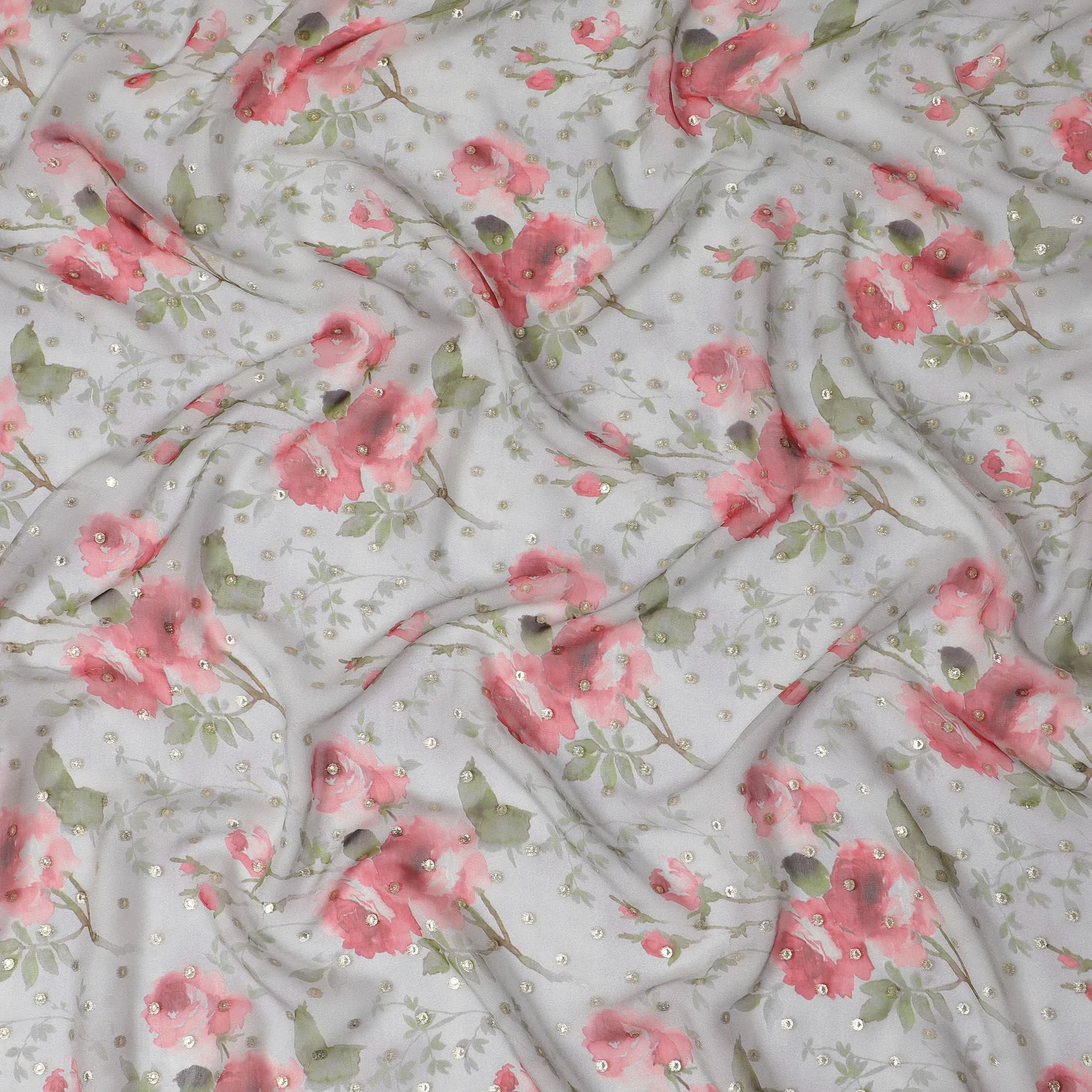 Floral Silk Chiffon Fabric with Metallic Lurex - 110cm Wide, Pink Blossoms, South Korean Made, Buy Online by Meter-D18165