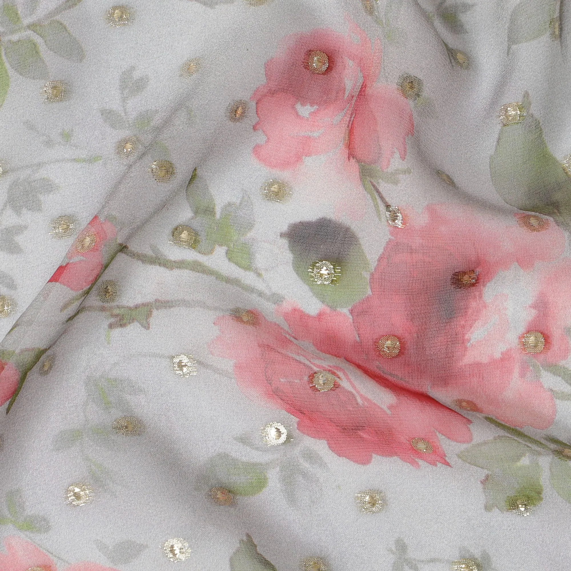 Floral Silk Chiffon Fabric with Metallic Lurex - 110cm Wide, Pink Blossoms, South Korean Made, Buy Online by Meter-D18165