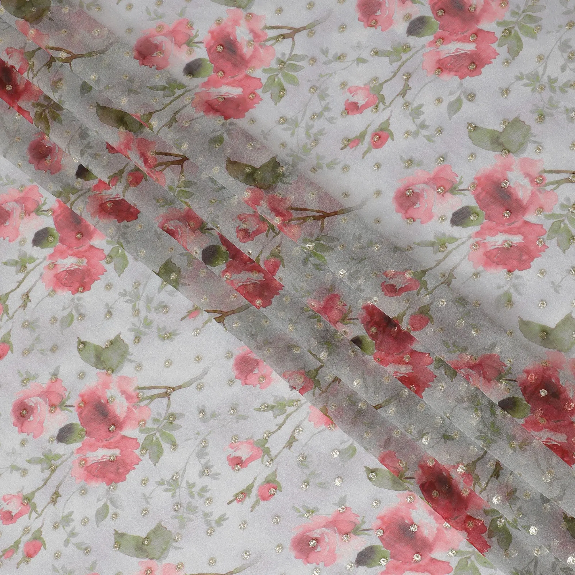Floral Silk Chiffon Fabric with Metallic Lurex - 110cm Wide, Pink Blossoms, South Korean Made, Buy Online by Meter-D18165