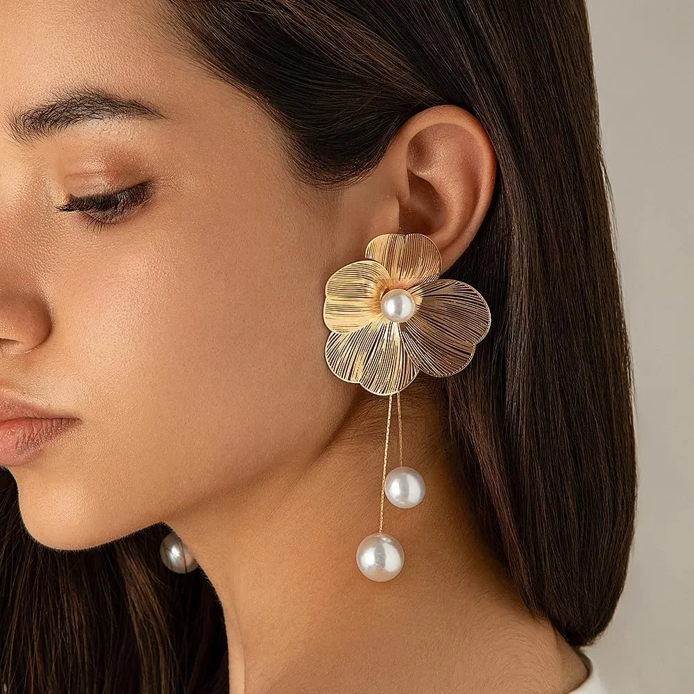Flower Pearl Tassel Dangle Earrings for Women,Dainty Big Floral Long Fringe Accessory Dangling Earrings,Boho Gold Petal Statement Jewelry Gifts