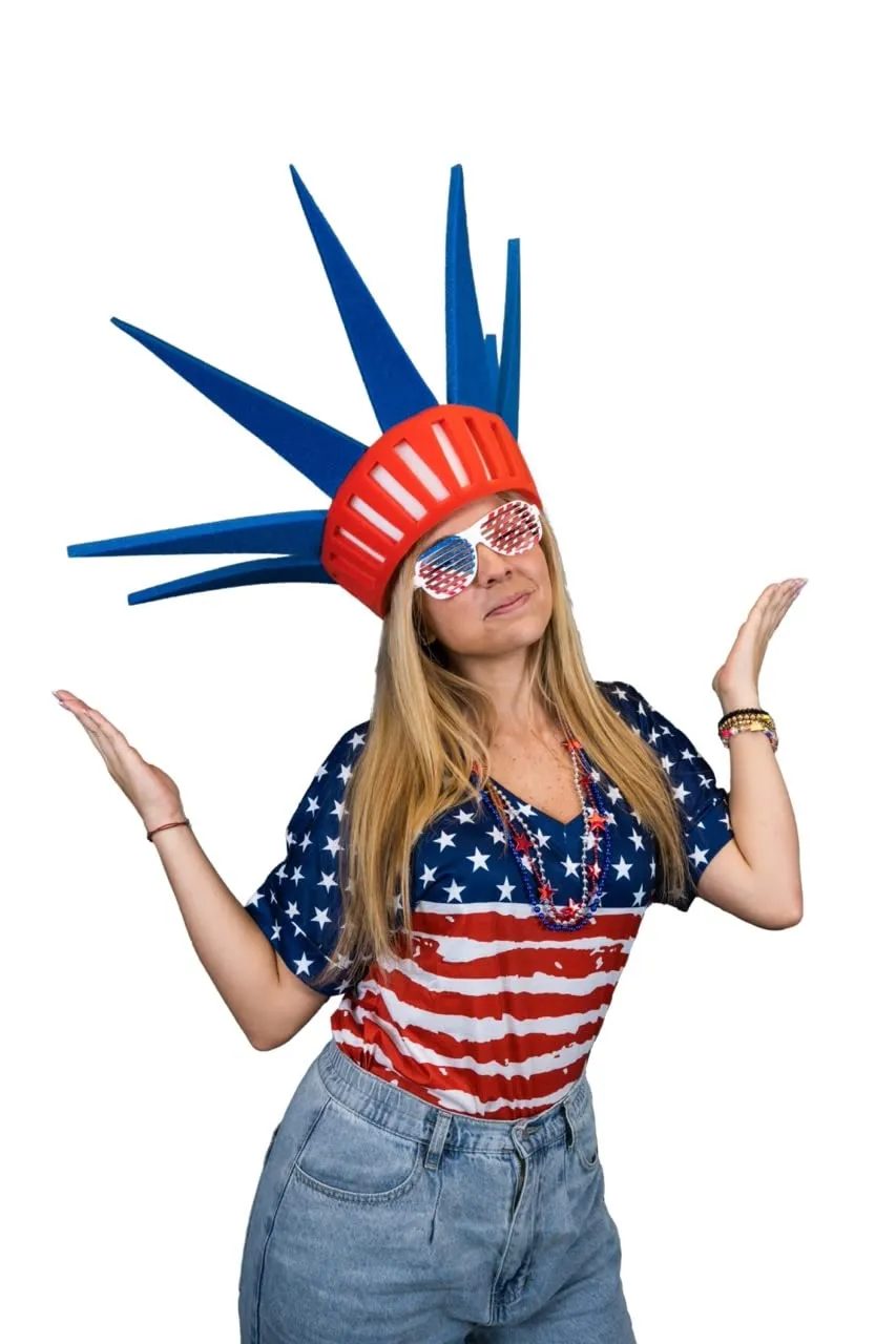 FOAM PARTY HATS: Statue of Liberty Headband Funny Silly Mens Patriotic Uncle Sam USA American Flag Wide Top Hat for Independence Day, 4th of July Dad Hat or Crazy Hat Day