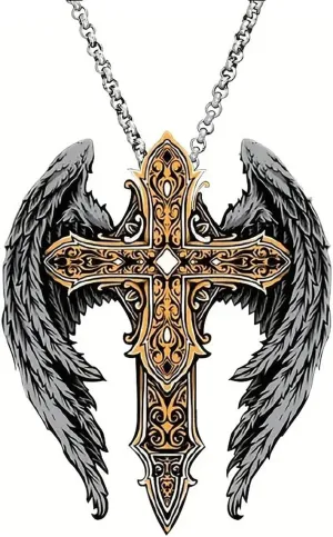 Gothic Angel Wing Necklace Vintage Cross Wing Pendant Necklace Gold Silver Punk Style Angel Wing Cross Necklace Goth Necklace for Women and Men