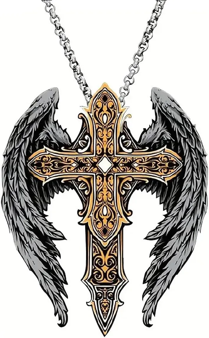 Gothic Angel Wing Necklace Vintage Cross Wing Pendant Necklace Gold Silver Punk Style Angel Wing Cross Necklace Goth Necklace for Women and Men