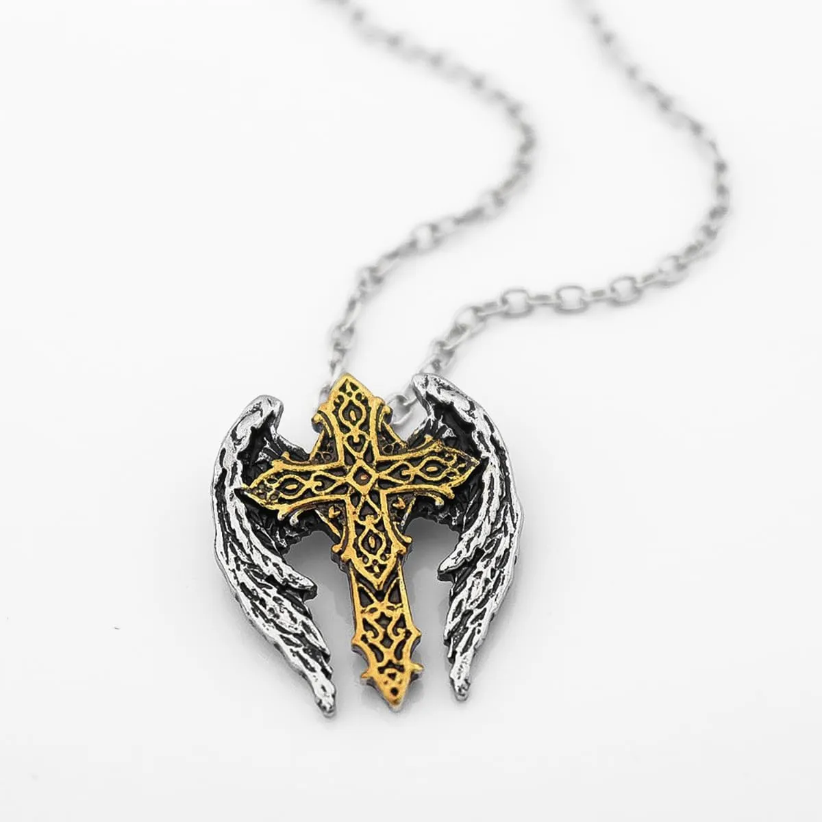 Gothic Angel Wing Necklace Vintage Cross Wing Pendant Necklace Gold Silver Punk Style Angel Wing Cross Necklace Goth Necklace for Women and Men