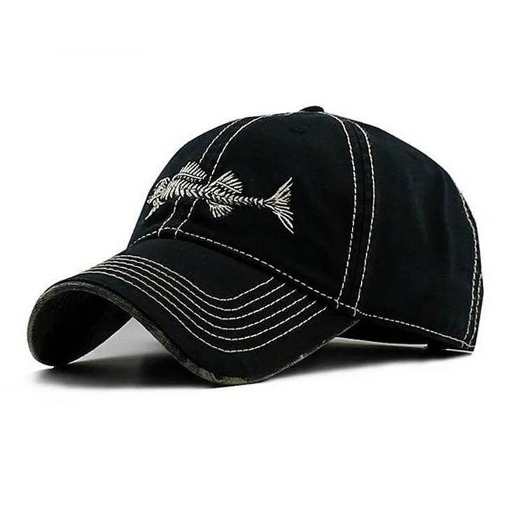 High Quality 100% Pure Cotton Fish Bone Fishing Hat Available in Black, Blue, Khaki or Orange