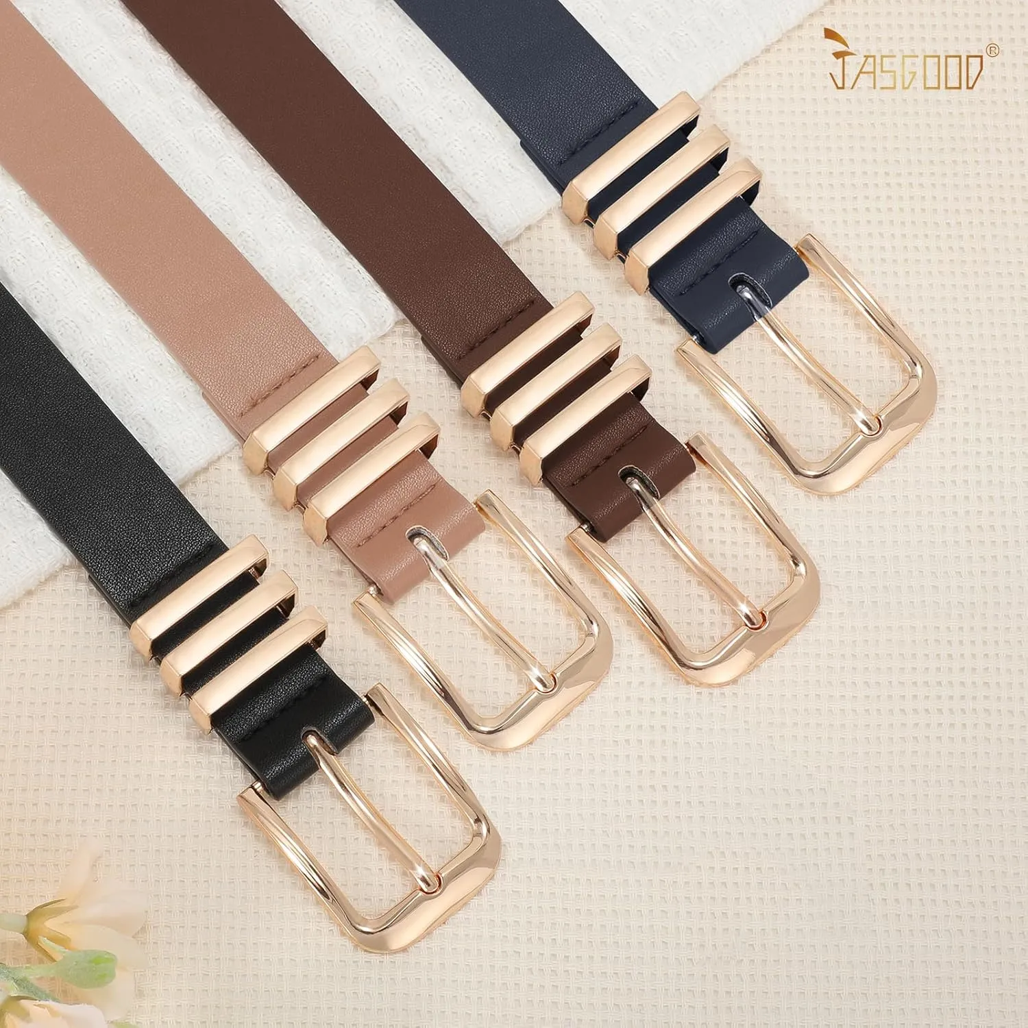 JASGOOD 3 Pack Women's Leather Belts Ladies Fashion Leather Belts for Jeans Pants Dress with Gold Buckle