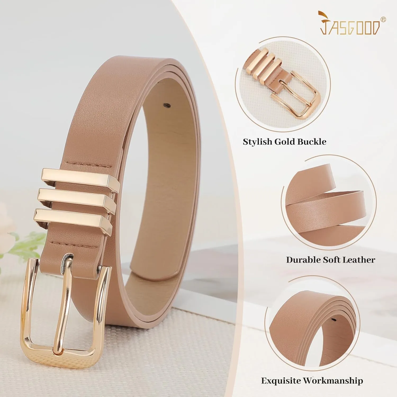 JASGOOD 3 Pack Women's Leather Belts Ladies Fashion Leather Belts for Jeans Pants Dress with Gold Buckle
