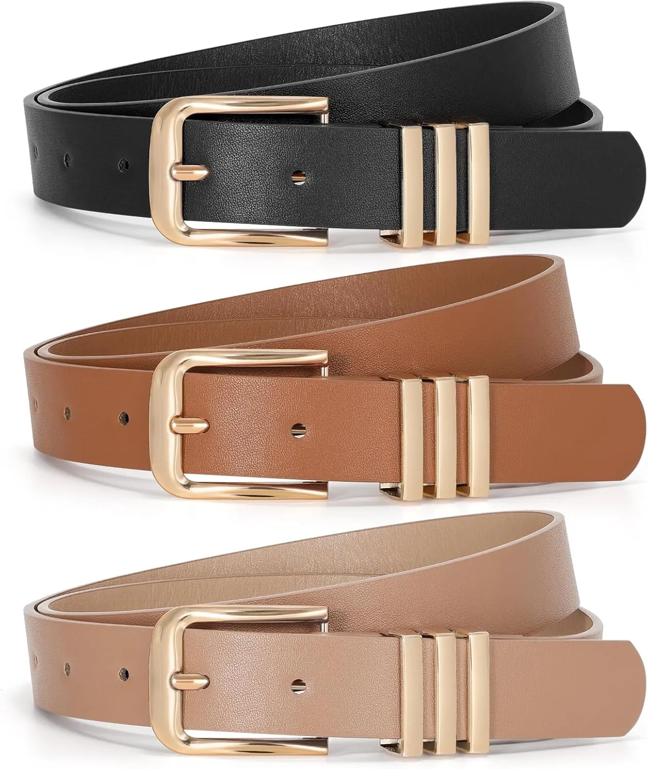 JASGOOD 3 Pack Women's Leather Belts Ladies Fashion Leather Belts for Jeans Pants Dress with Gold Buckle