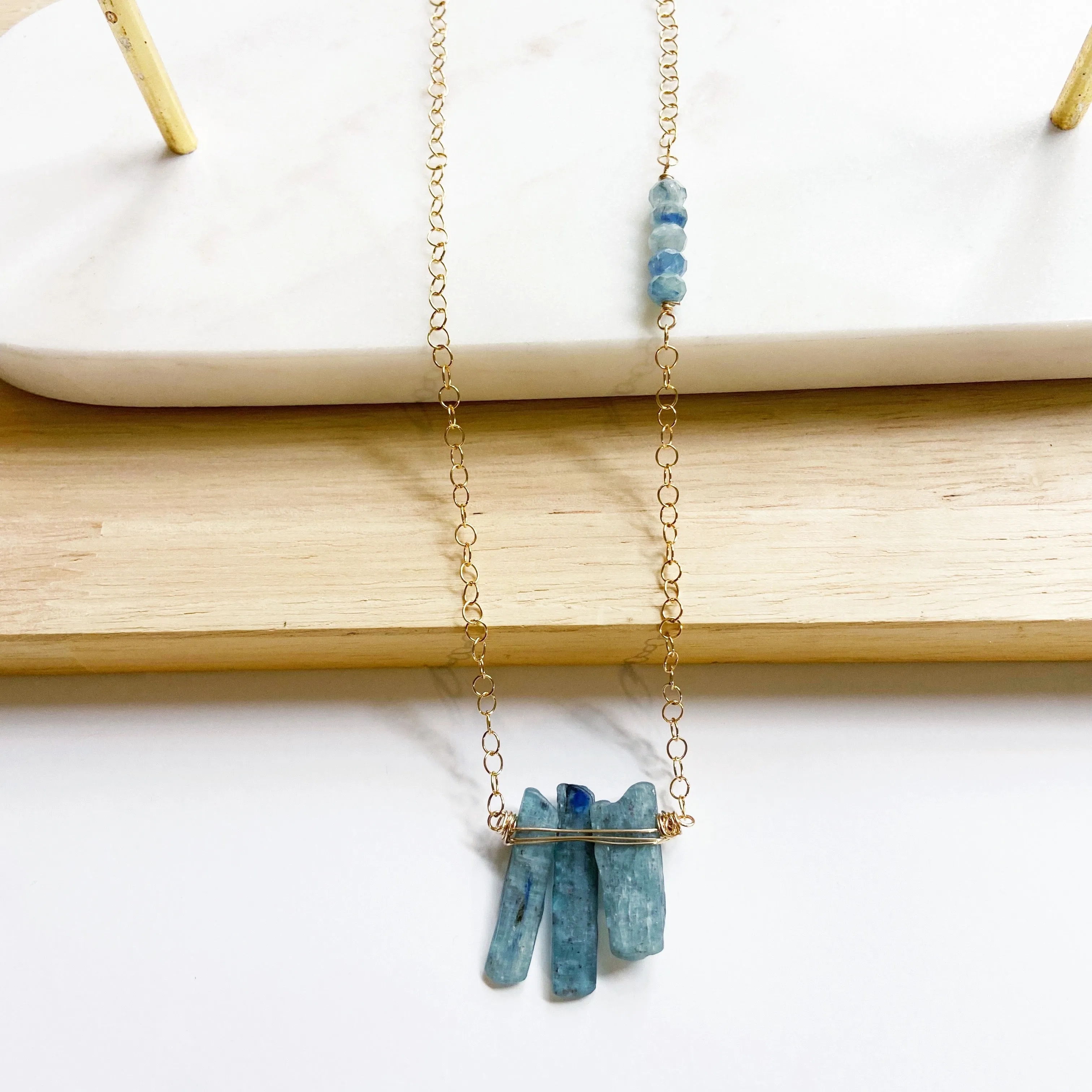 Kyanite Trio Pendant Necklace in Gold or Silver (26 inches)
