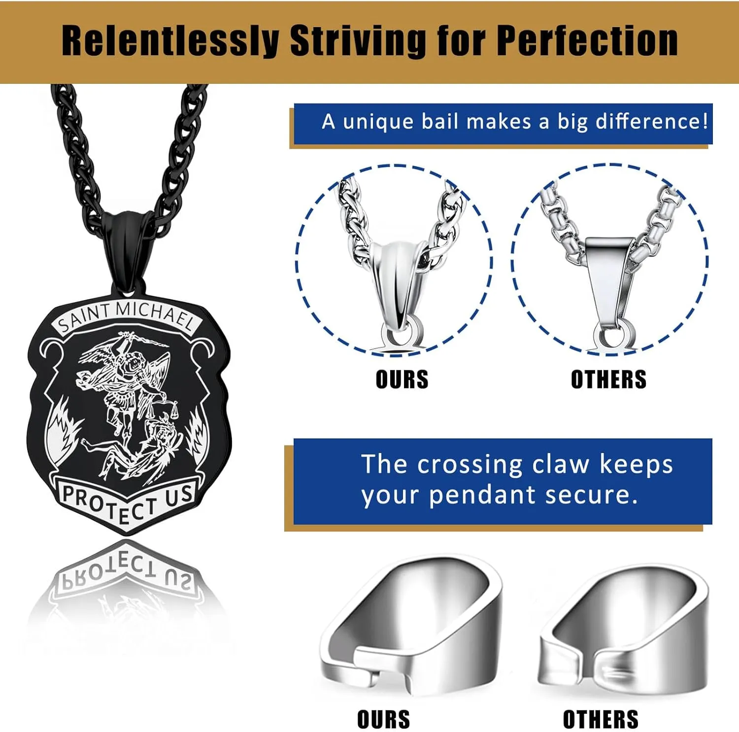 LAOYOU Archangel Michael Necklace for Men, Stainless Steel St. Michael Pendant Medal Protection Amulet Jewelry Gifts Gold/Silver/Black