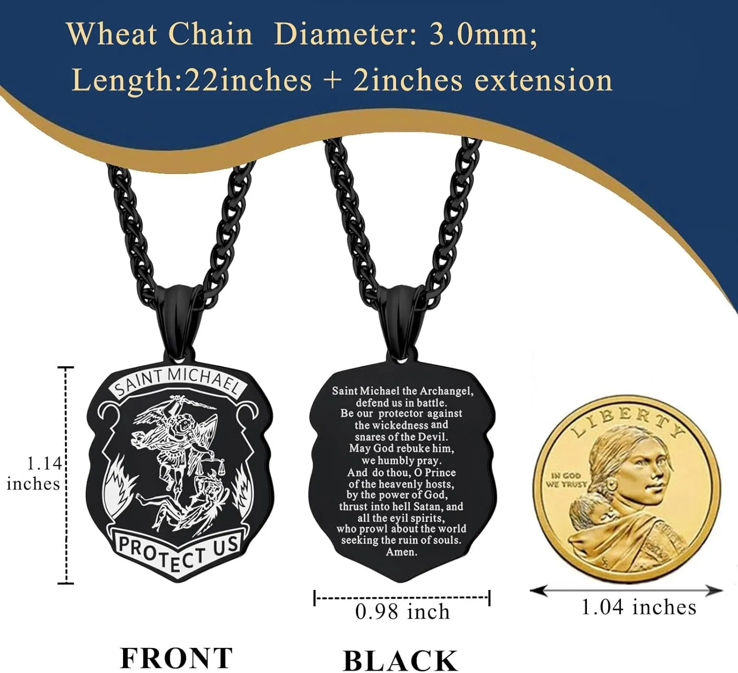 LAOYOU Archangel Michael Necklace for Men, Stainless Steel St. Michael Pendant Medal Protection Amulet Jewelry Gifts Gold/Silver/Black
