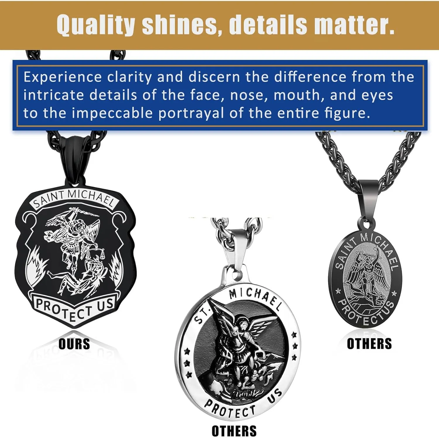 LAOYOU Archangel Michael Necklace for Men, Stainless Steel St. Michael Pendant Medal Protection Amulet Jewelry Gifts Gold/Silver/Black