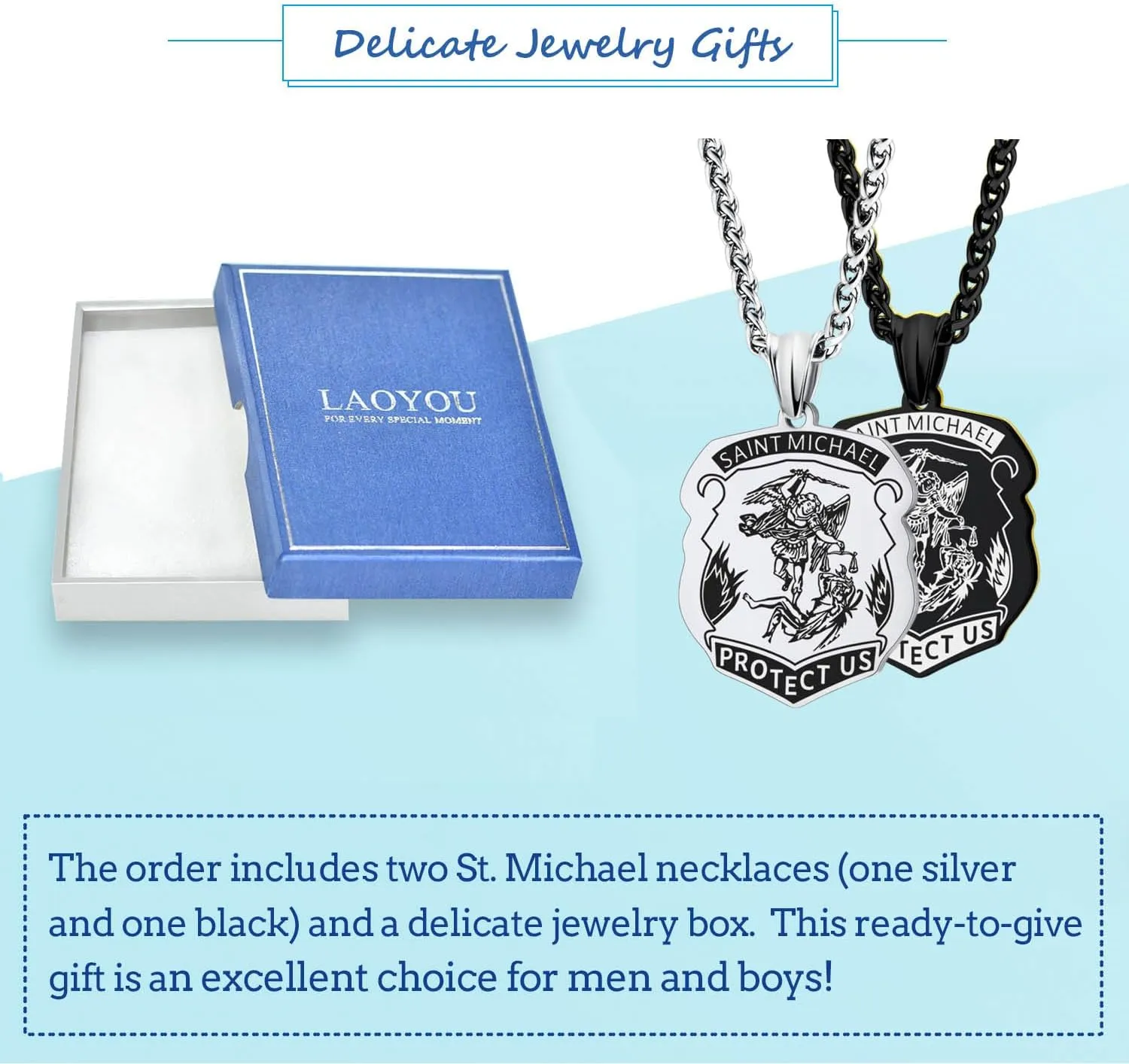 LAOYOU Archangel Michael Necklace for Men, Stainless Steel St. Michael Pendant Medal Protection Amulet Jewelry Gifts Gold/Silver/Black