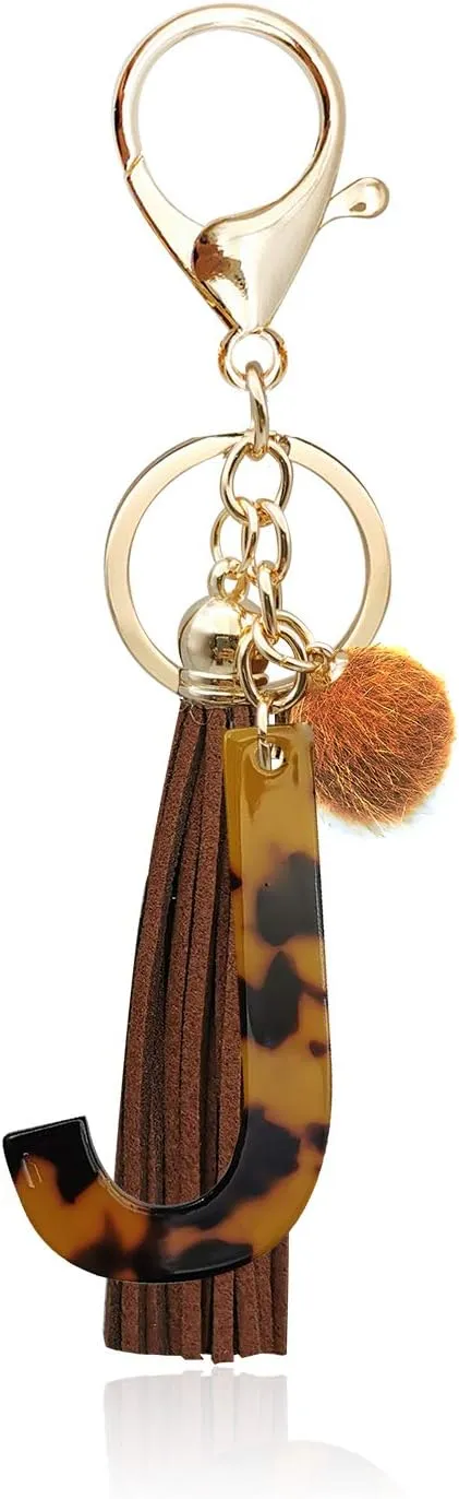 Leopard Alphabet Initial Letter Keychain Tassel Pendant Key Ring for Women Girls Purse Handbags