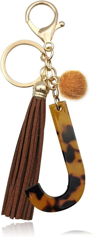 Leopard Alphabet Initial Letter Keychain Tassel Pendant Key Ring for Women Girls Purse Handbags