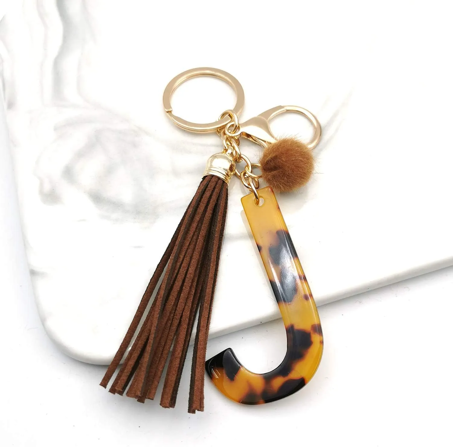 Leopard Alphabet Initial Letter Keychain Tassel Pendant Key Ring for Women Girls Purse Handbags