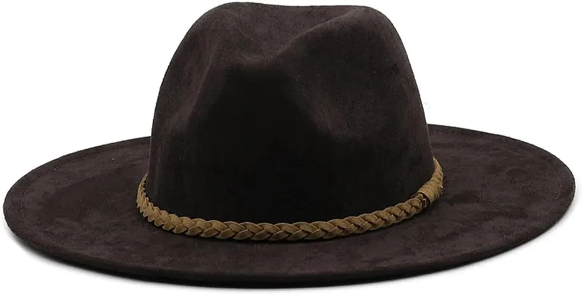 Men's Classic Suede Fedora Hats for Women Wide Brim Dress Cap Panama Church Wedding Hat with Ribbon Band