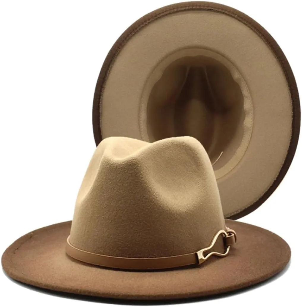 Men's Classic Wide Brim Fedora Hat for Men Women Gradient Color Panama Jazz Hats with Belt