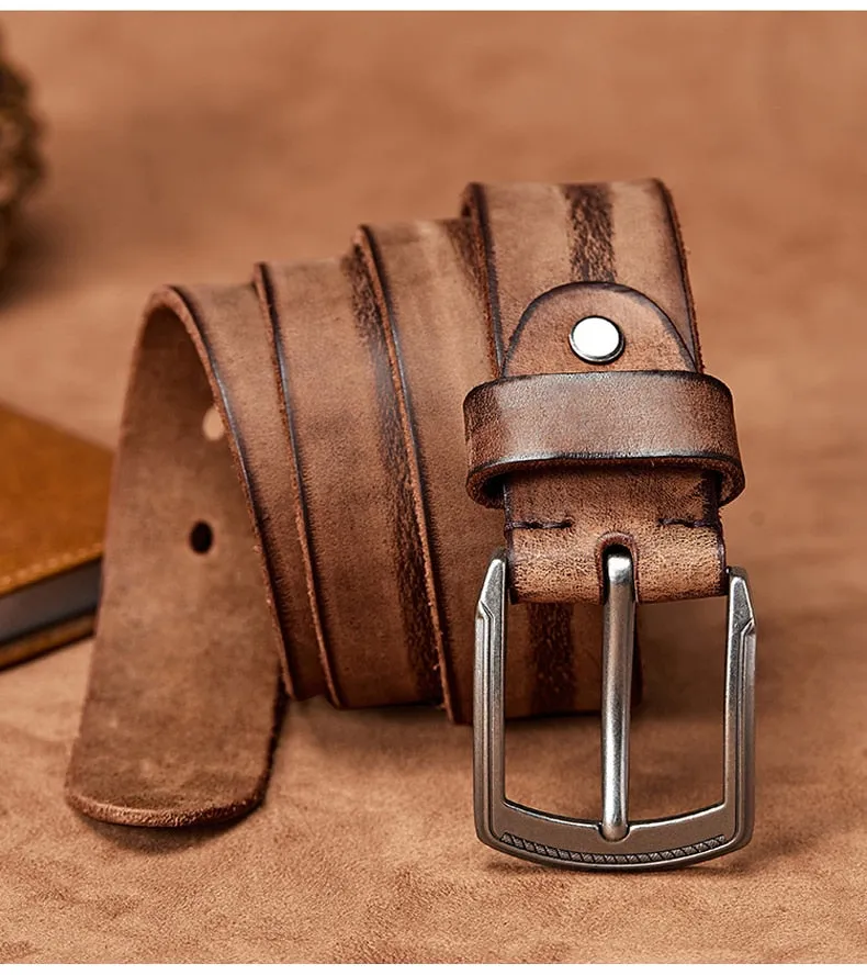Men's Handmade Leather Belt with Alloy Pin Buckle