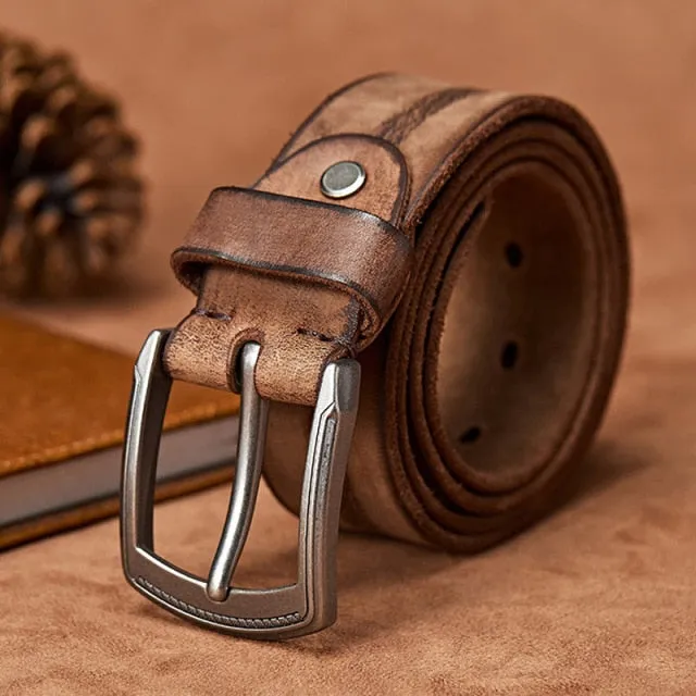 Men's Handmade Leather Belt with Alloy Pin Buckle