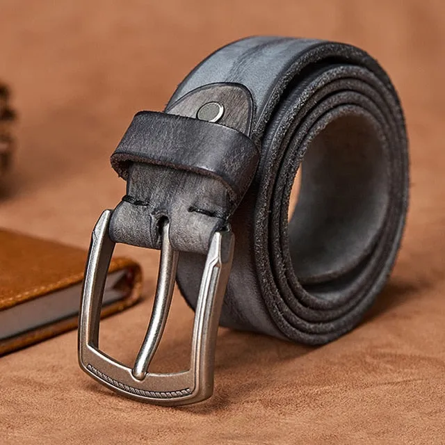 Men's Handmade Leather Belt with Alloy Pin Buckle