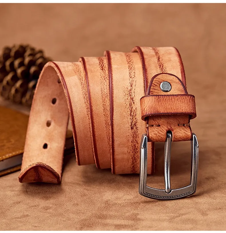 Men's Handmade Leather Belt with Alloy Pin Buckle