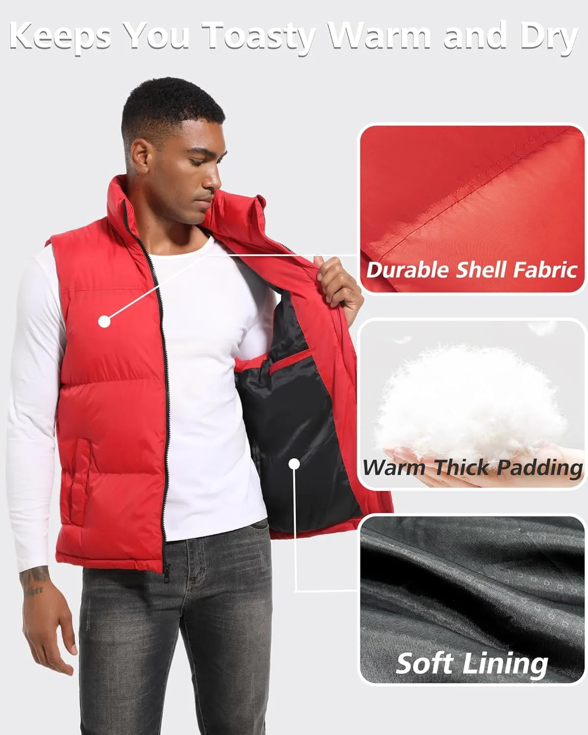 Men's Quilted Puffer Vest Sleeveless Warm Jacket Winter Water-Resistant Outdoor Puffy Vest Sizes M to 3XL
