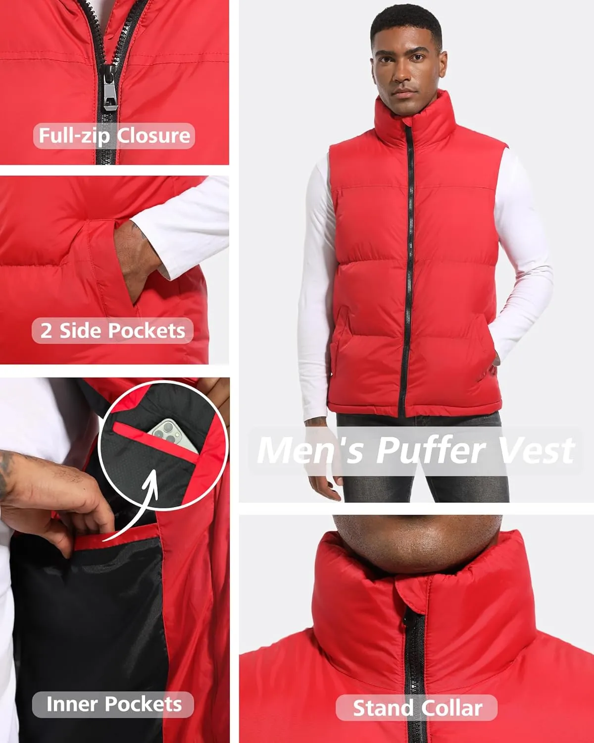 Men's Quilted Puffer Vest Sleeveless Warm Jacket Winter Water-Resistant Outdoor Puffy Vest Sizes M to 3XL