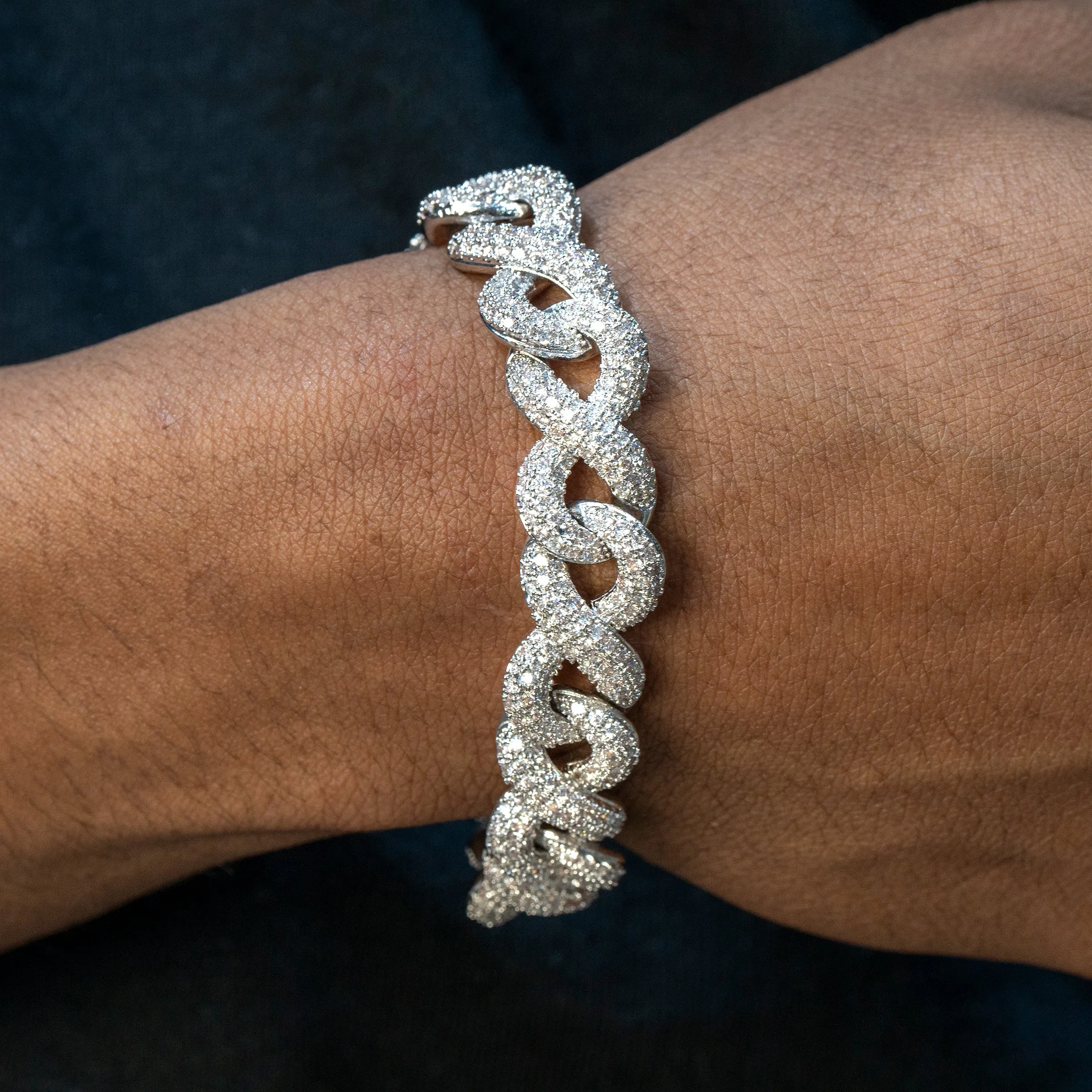 Mens White Gold Iced Out Infinity Link Bracelet