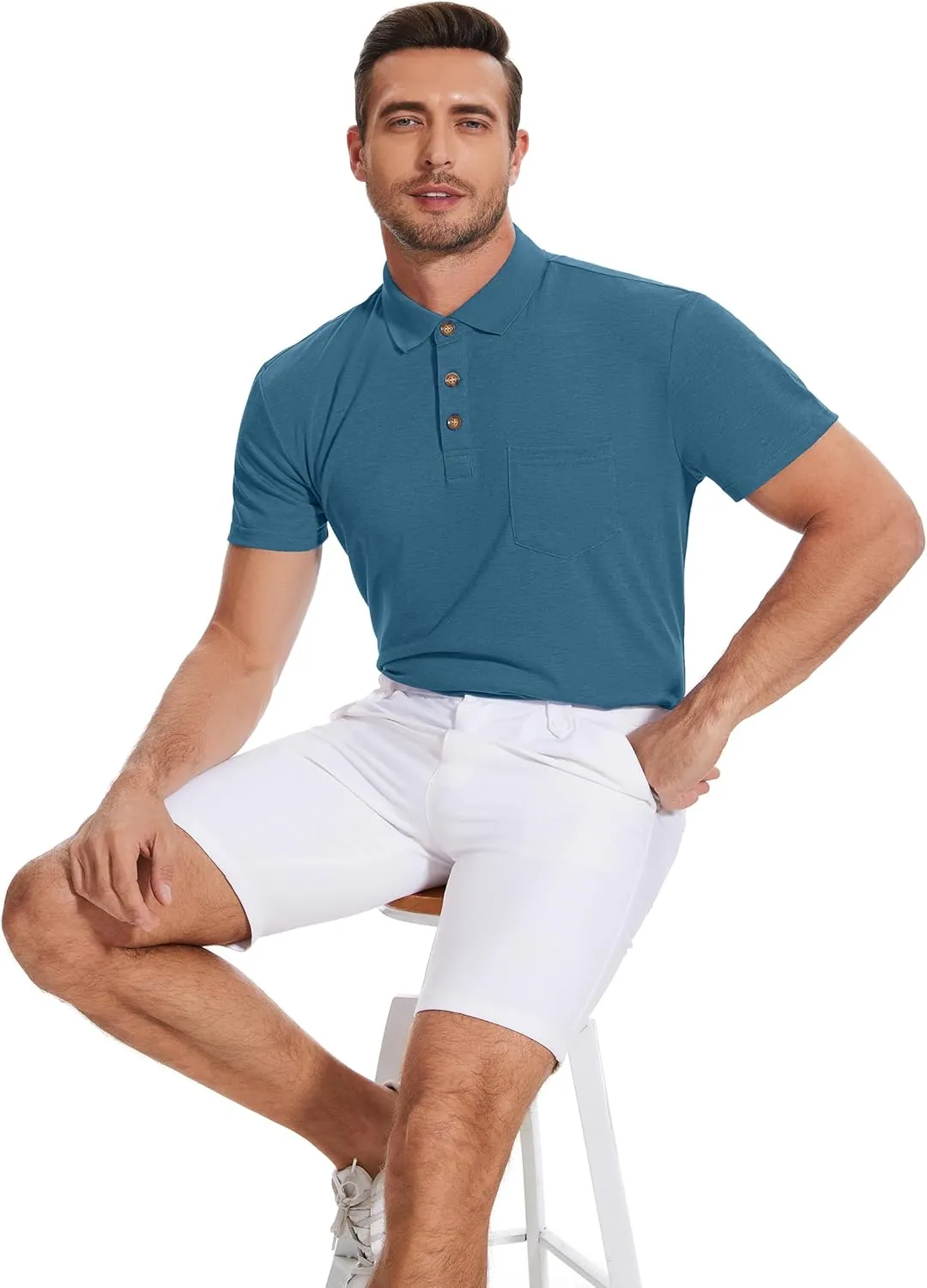Polo Shirts for Men Basic Short Sleeve Shirt Button Solid Color Casual Tees Golf Stylish Tops