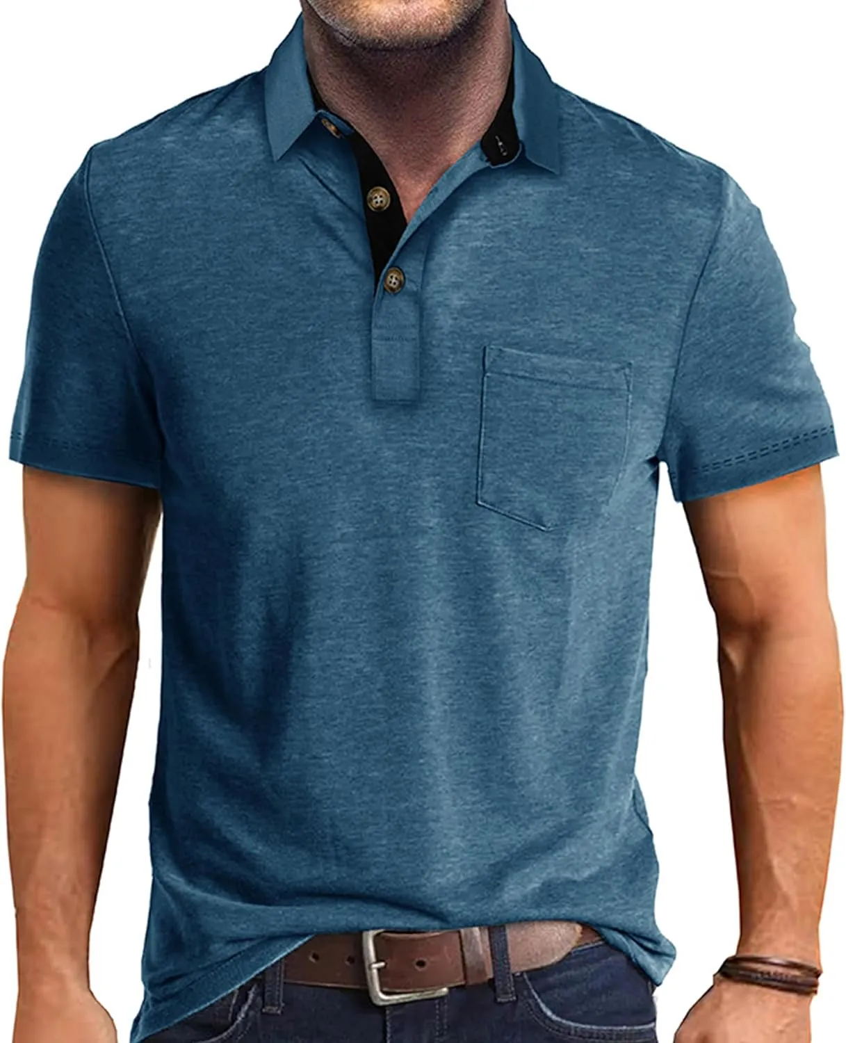 Polo Shirts for Men Basic Short Sleeve Shirt Button Solid Color Casual Tees Golf Stylish Tops