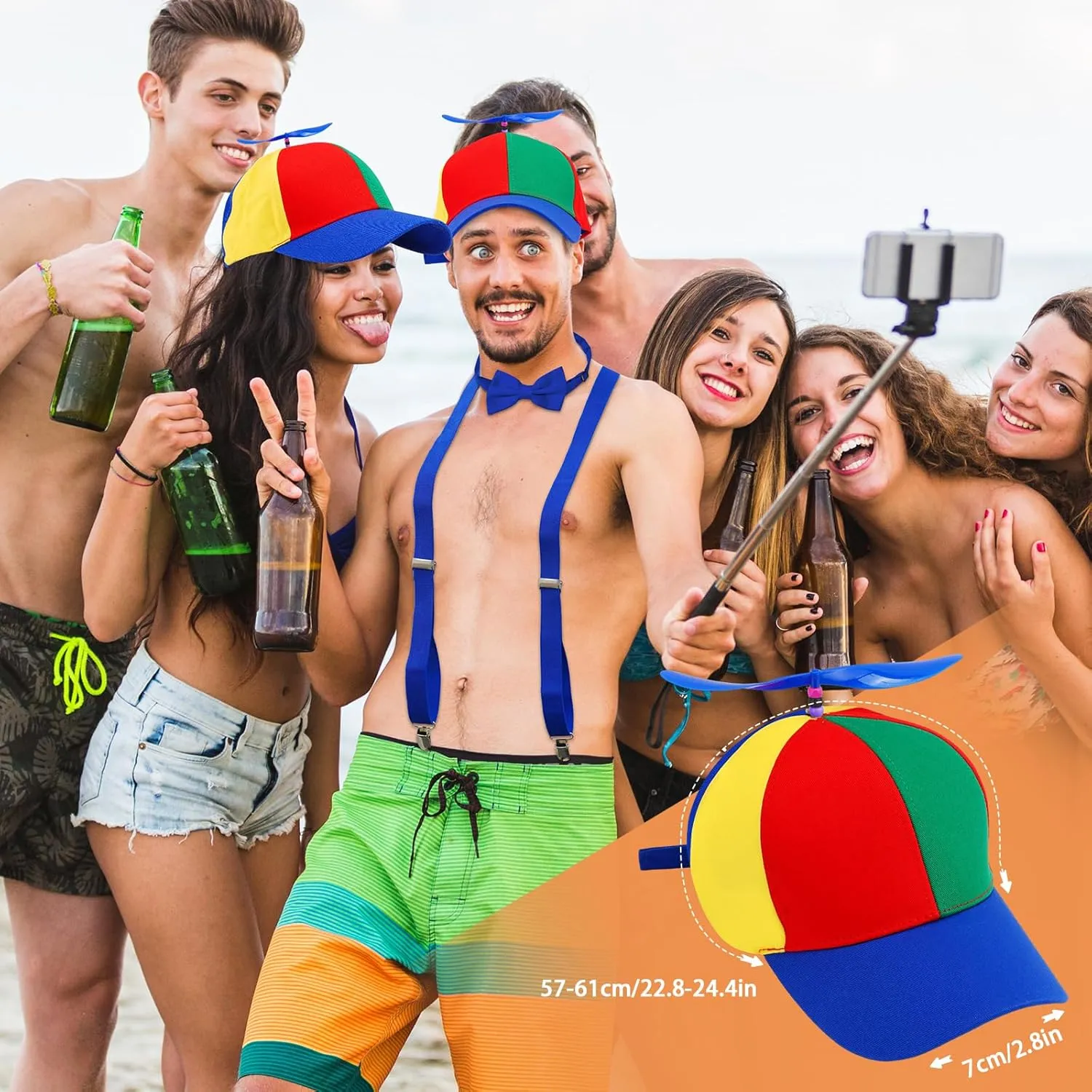 Propeller Hat Adult with Spinner Include Rainbow Top Clown Hats, Y Back Style Suspenders, Bow Tie, Clown Socks