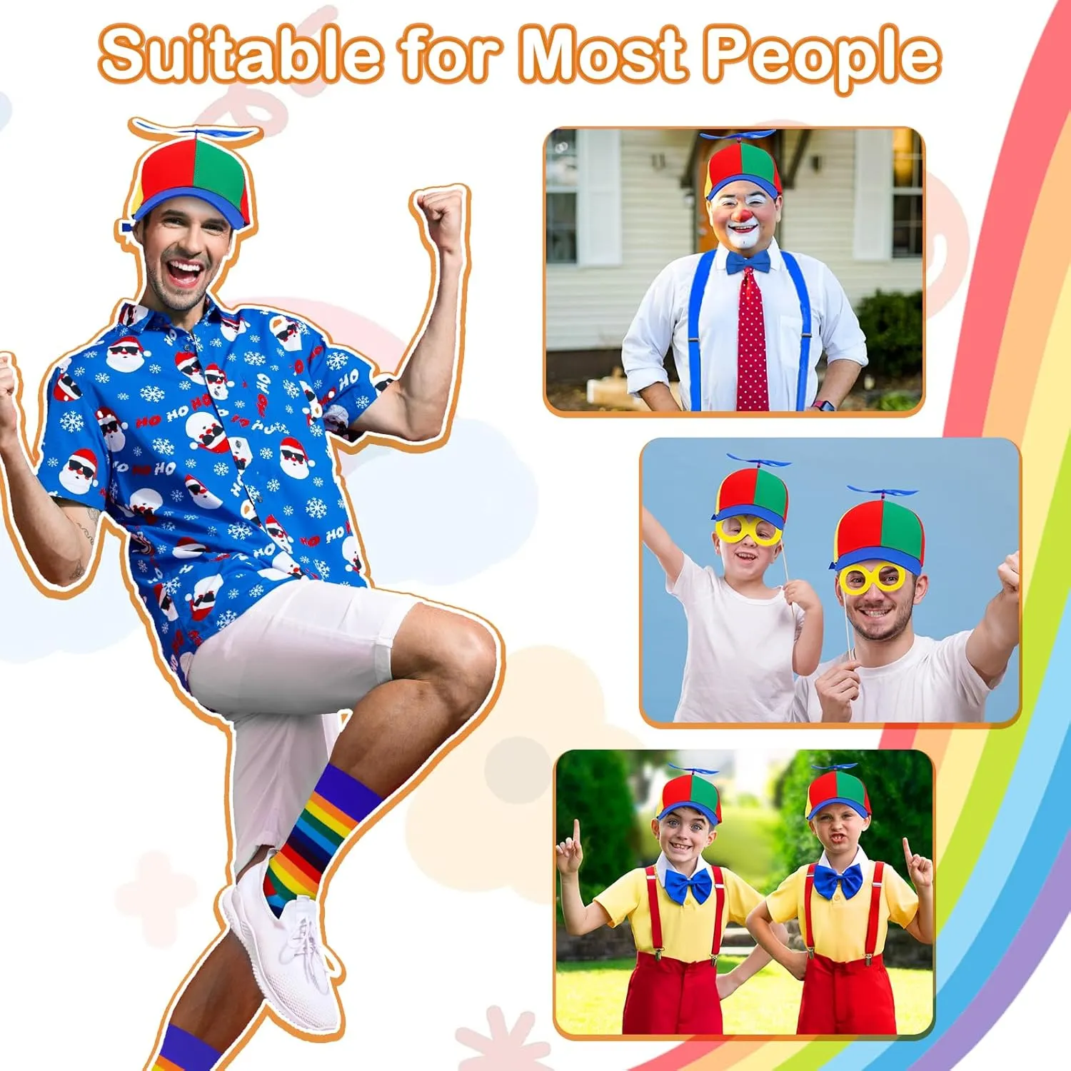 Propeller Hat Adult with Spinner Include Rainbow Top Clown Hats, Y Back Style Suspenders, Bow Tie, Clown Socks