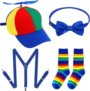 Propeller Hat Adult with Spinner Include Rainbow Top Clown Hats, Y Back Style Suspenders, Bow Tie, Clown Socks