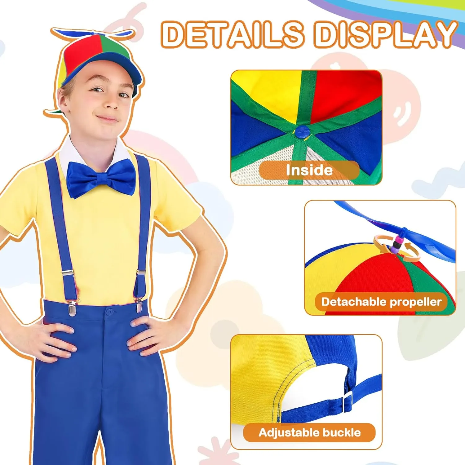 Propeller Hat Adult with Spinner Include Rainbow Top Clown Hats, Y Back Style Suspenders, Bow Tie, Clown Socks