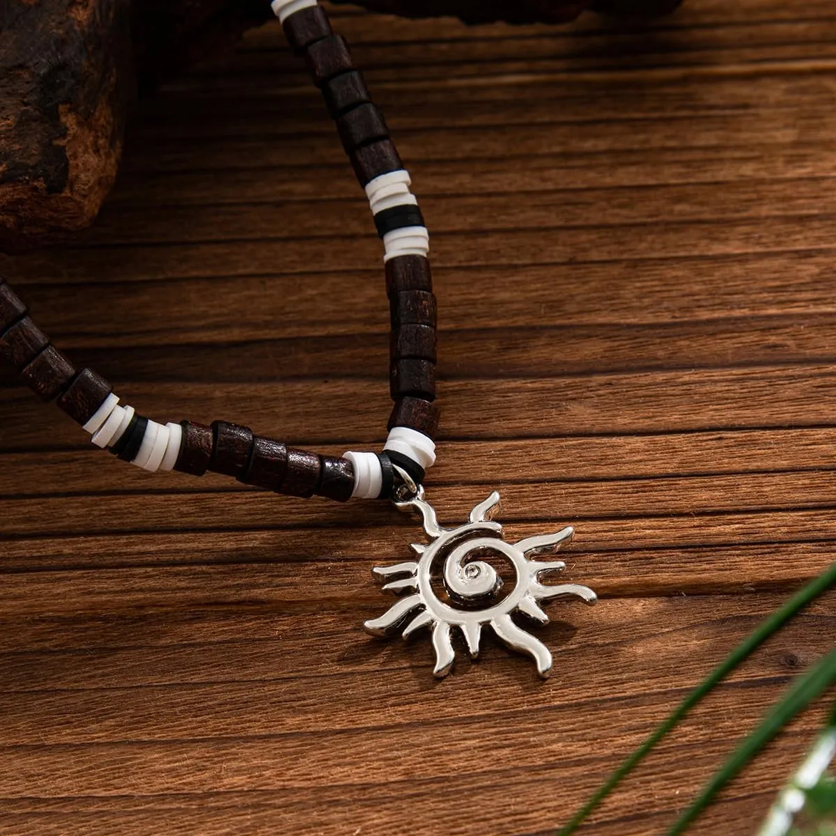 Puka Shell Necklace for Men - Surfer Wooden Beaded Coconut Shell Beach Jewelry - Hawaiian Summer Accessory