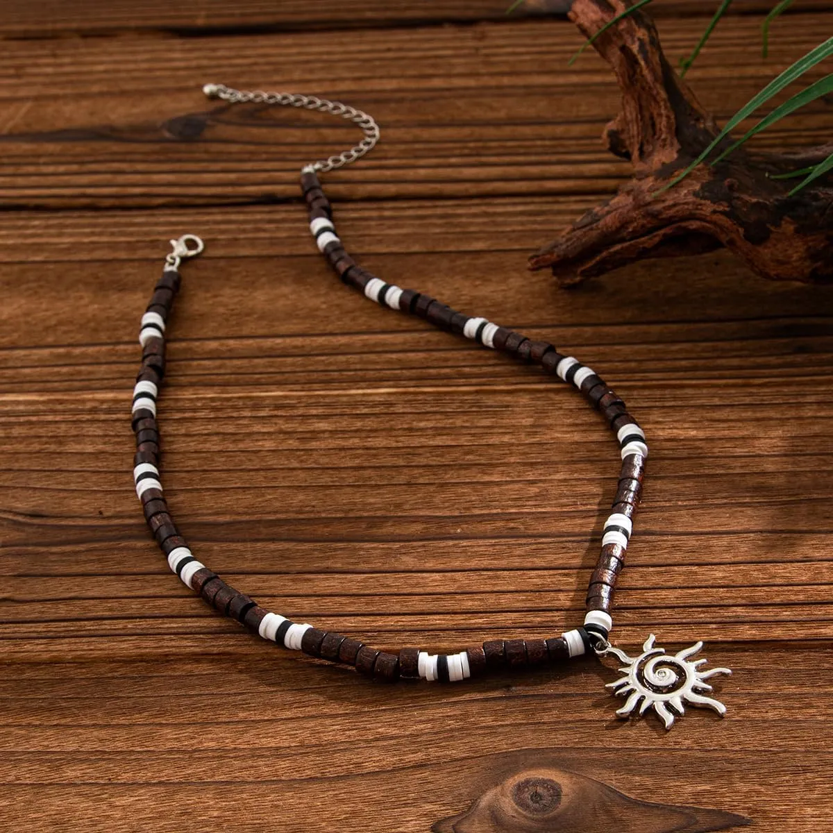 Puka Shell Necklace for Men - Surfer Wooden Beaded Coconut Shell Beach Jewelry - Hawaiian Summer Accessory