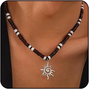 Puka Shell Necklace for Men - Surfer Wooden Beaded Coconut Shell Beach Jewelry - Hawaiian Summer Accessory