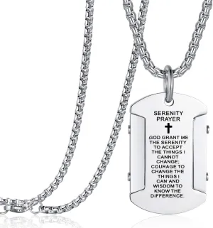 Rehoboth Men's Bible Verse Dog Tag Serenity Lord's Prayer Cross Pendant Necklace with 24 Inch Stainless Steel Chain for Women Men Silver Black Gold