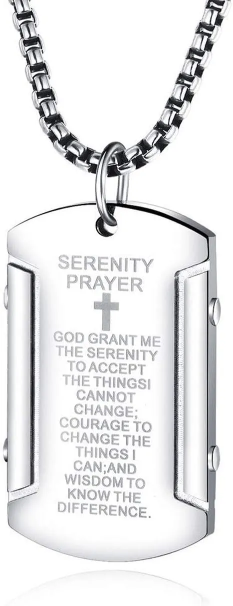 Rehoboth Men's Bible Verse Dog Tag Serenity Lord's Prayer Cross Pendant Necklace with 24 Inch Stainless Steel Chain for Women Men Silver Black Gold