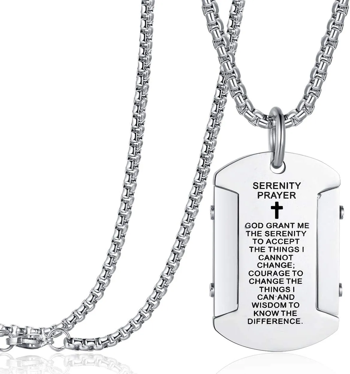 Rehoboth Men's Bible Verse Dog Tag Serenity Lord's Prayer Cross Pendant Necklace with 24 Inch Stainless Steel Chain for Women Men Silver Black Gold