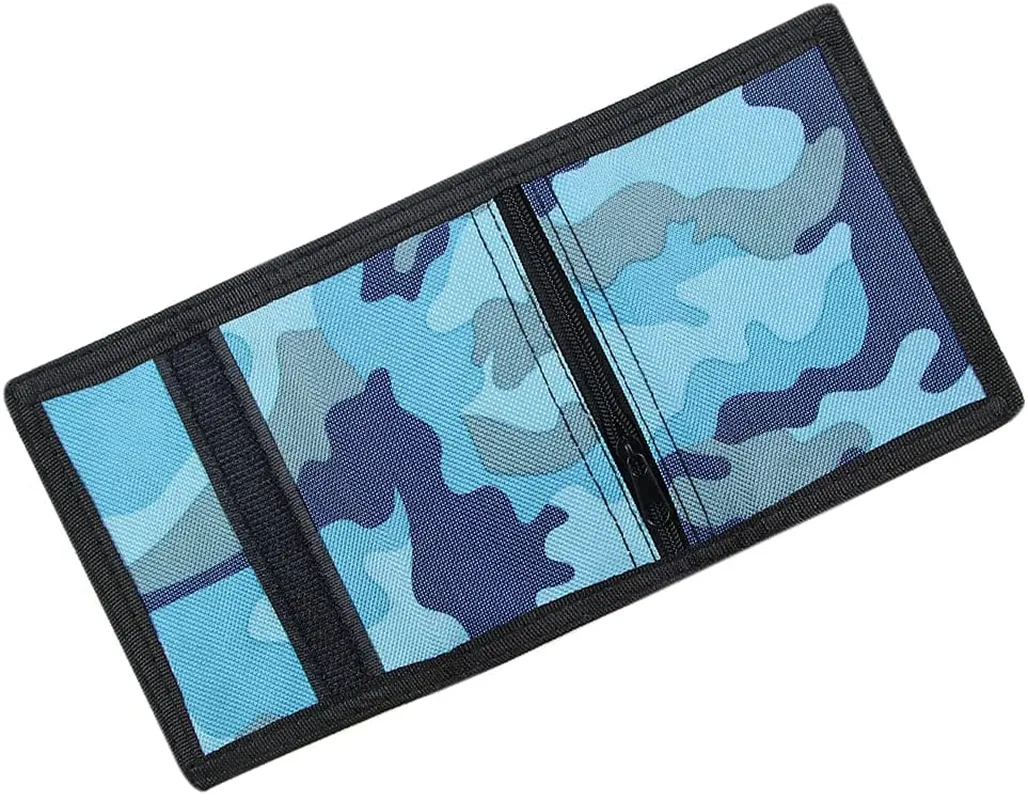 RFID Blocking Canvas Wallet for Men and Women - Camo Trifold Outdoor Sports Wallets with Magic Sticker for Teen Kids (Camo Blue)