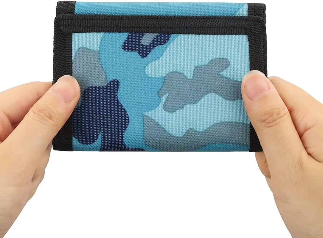 RFID Blocking Canvas Wallet for Men and Women - Camo Trifold Outdoor Sports Wallets with Magic Sticker for Teen Kids (Camo Blue)