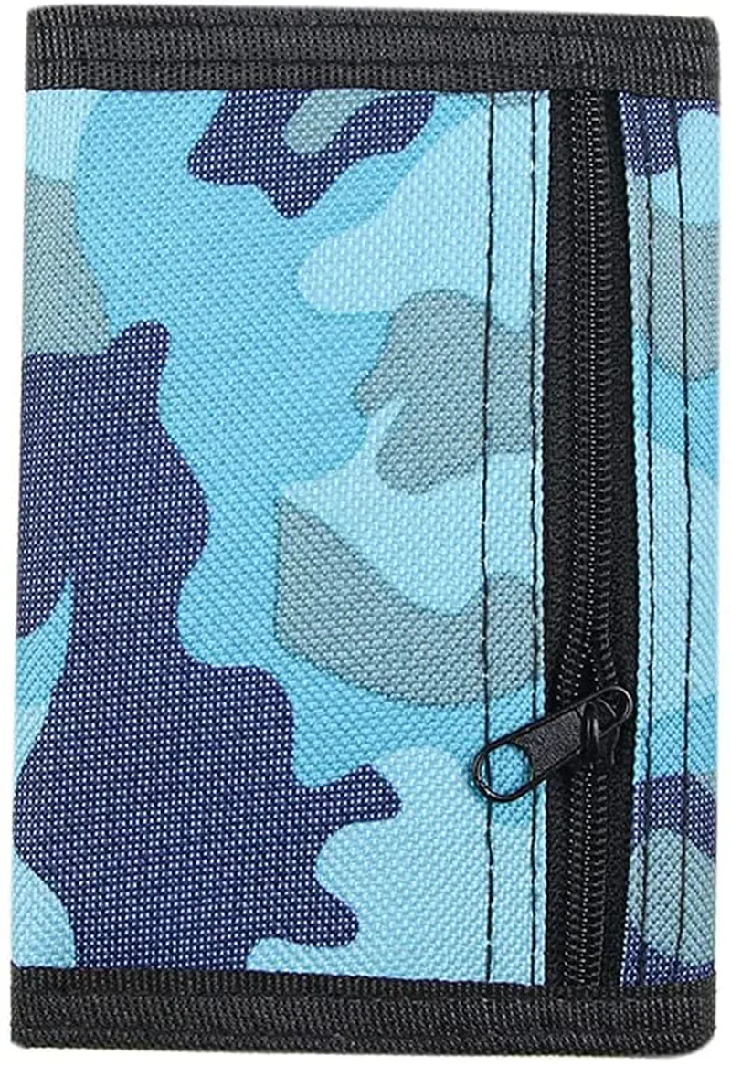 RFID Blocking Canvas Wallet for Men and Women - Camo Trifold Outdoor Sports Wallets with Magic Sticker for Teen Kids (Camo Blue)