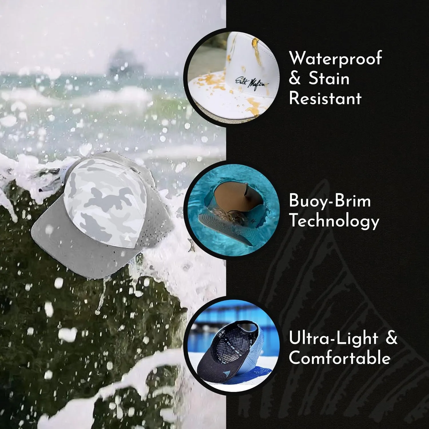 Salt Mafia Hats for Men - Waterproof Hats for Men, 7 Panel Flat Brim Surfer Hat